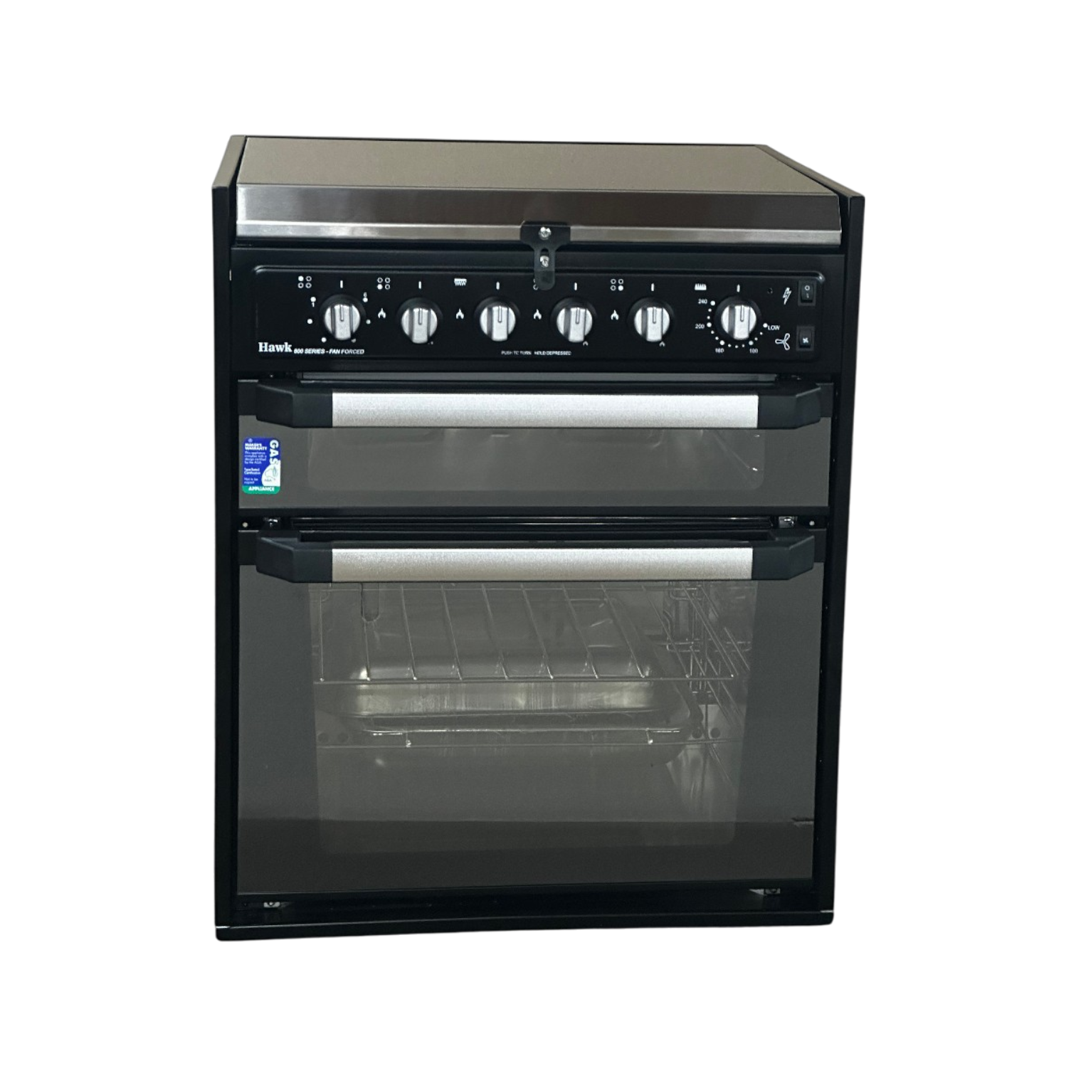 Full Oven with Grill & Cooktop (Gas/Elec, Blk Gls, F/F & Wok) - Hawk Appliances